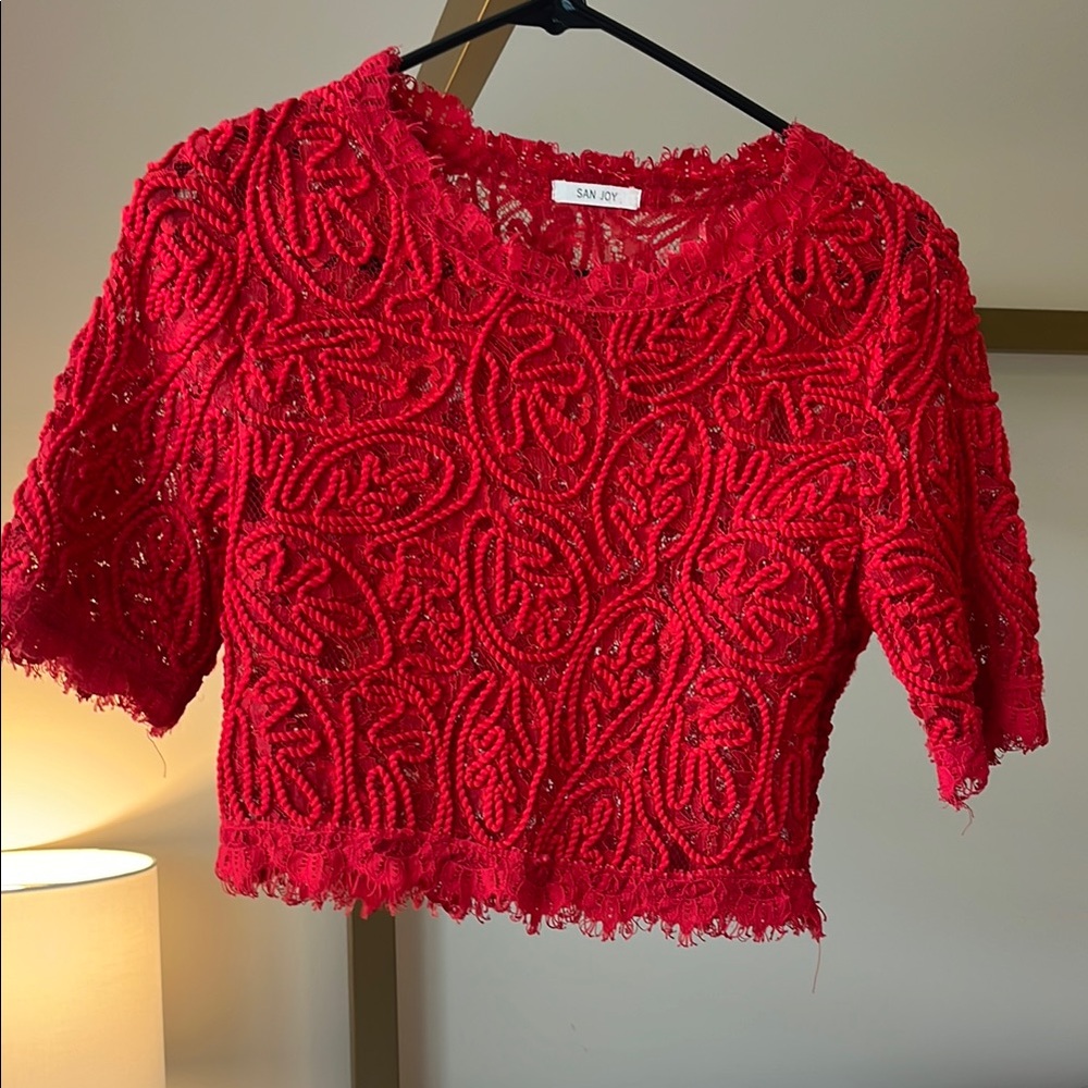 San Joy Red Lace Crop Blouse